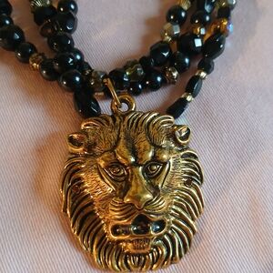 Gold Lion Pendant Necklace with Black Beads - Women Jewelry Necklaces